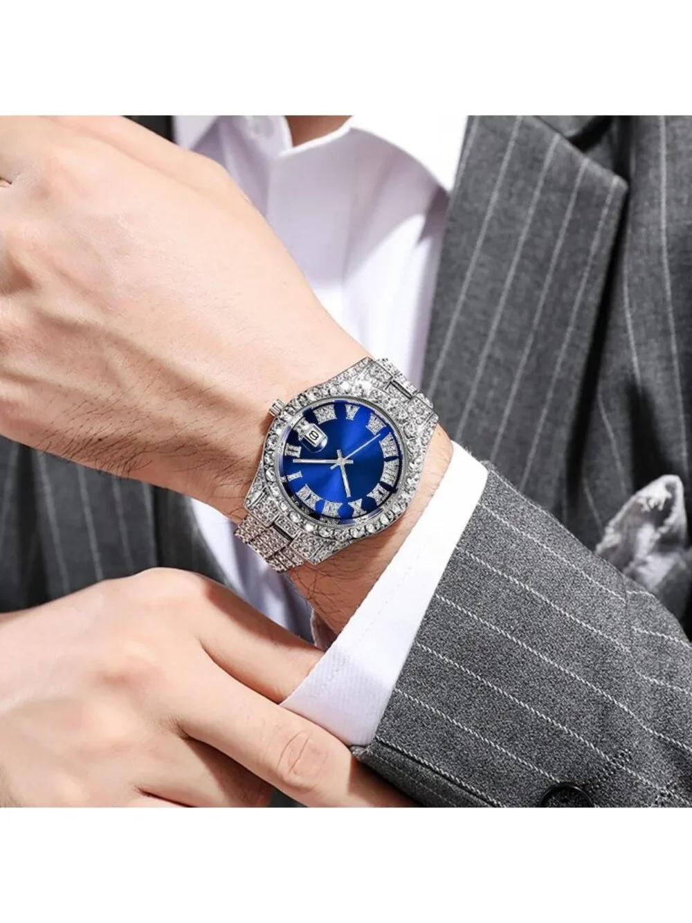 Men's Silver And Blue Analog Crystal Rhinestone Diamond Iced-Out Bracelet Watch